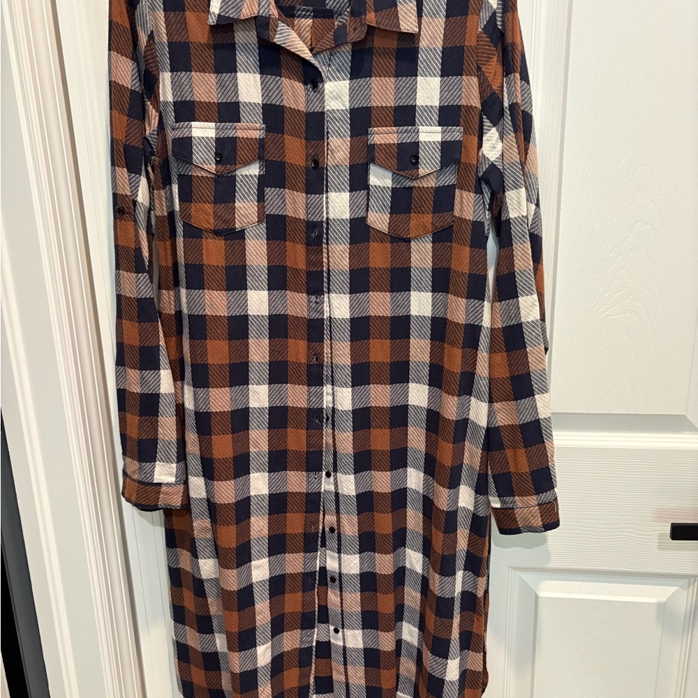 Double Zero Navy, Brown & White Plaid Button-Up Shirt